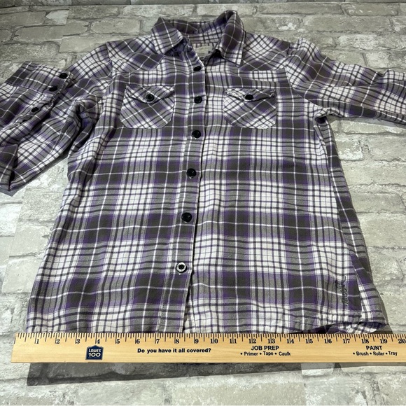 O'neill Women XL Soft Flannel Button Up Shirt Purple and Gray Plaid Roll Sleeve - Picture 7 of 9